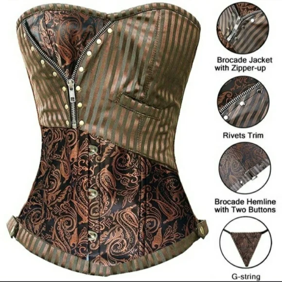 Steampunk Retro Brocade Victorian striped Corset Golden Brown - Picture 3 of 16